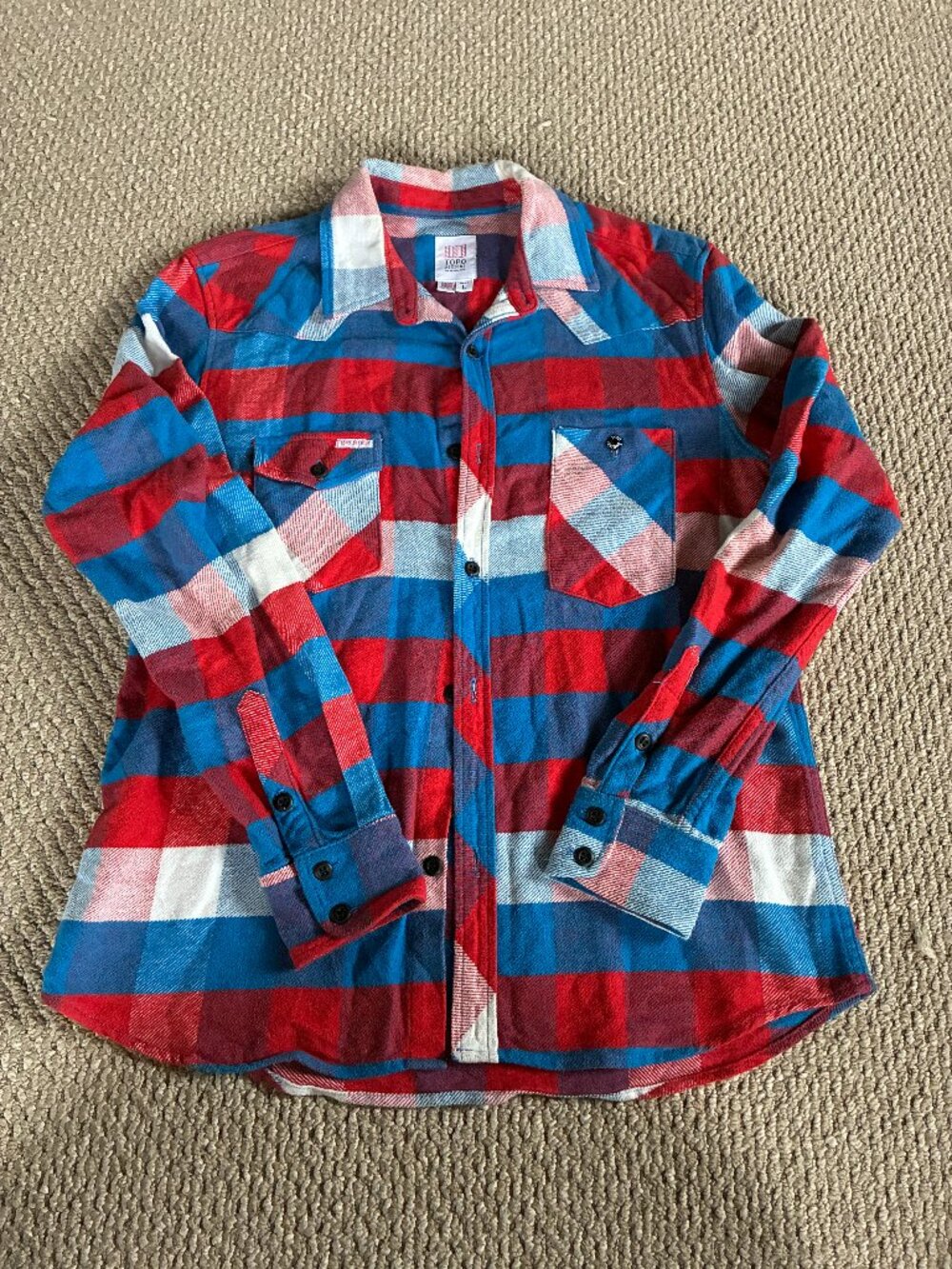 Topo Designs Work Shirt Heavyweight Made in USA Colorado Large Blue Red White